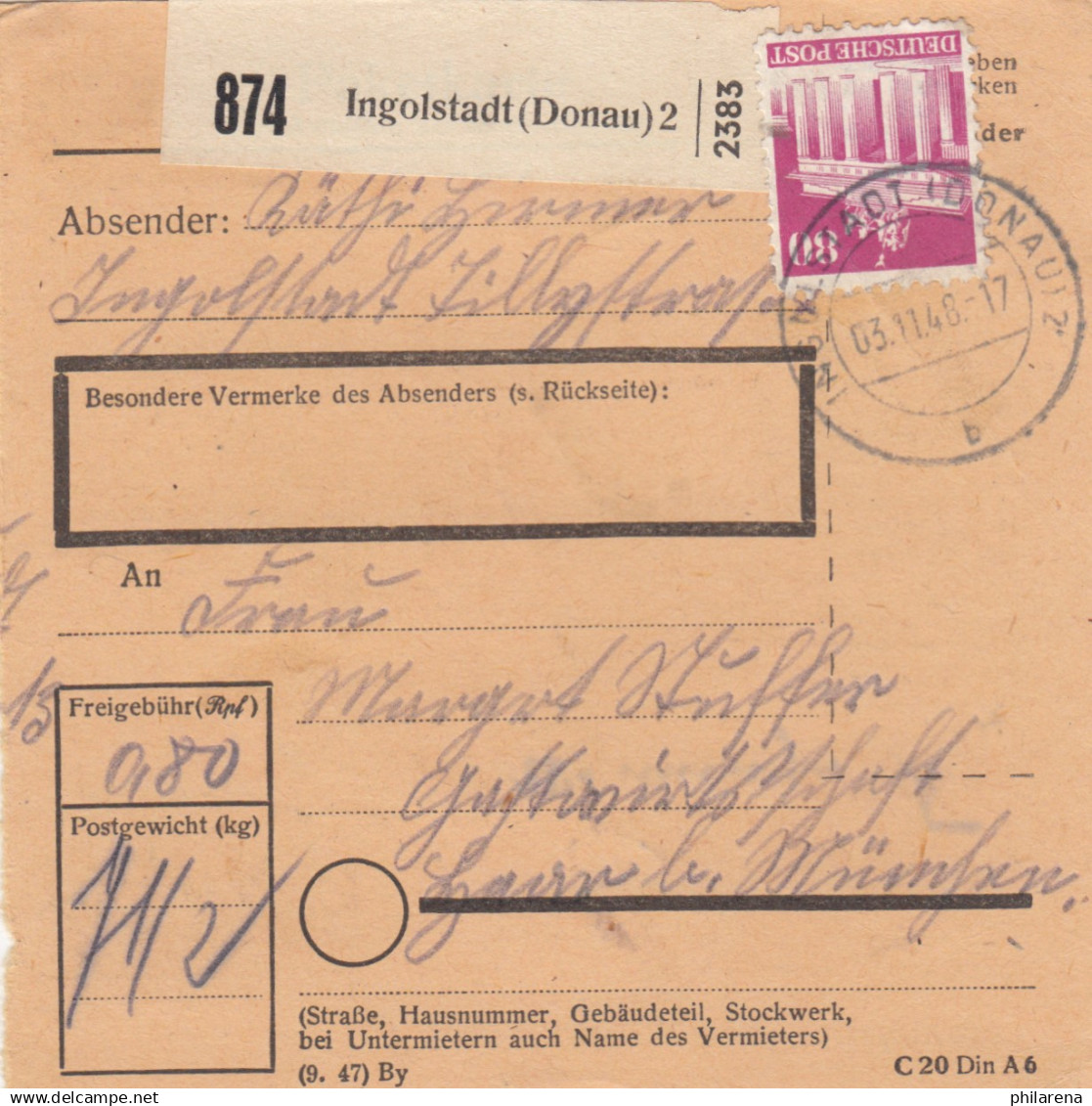 BiZone Paketkarte 1948: Ingolstadt Nach Haar - Cartas & Documentos