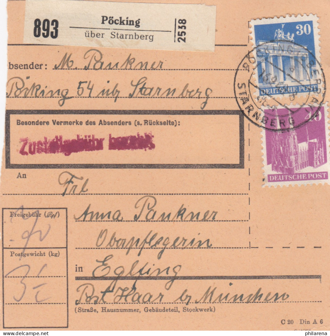 BiZone Paketkarte 1948: Pöcking Nach Starnberg, Oberpflegerin - Briefe U. Dokumente