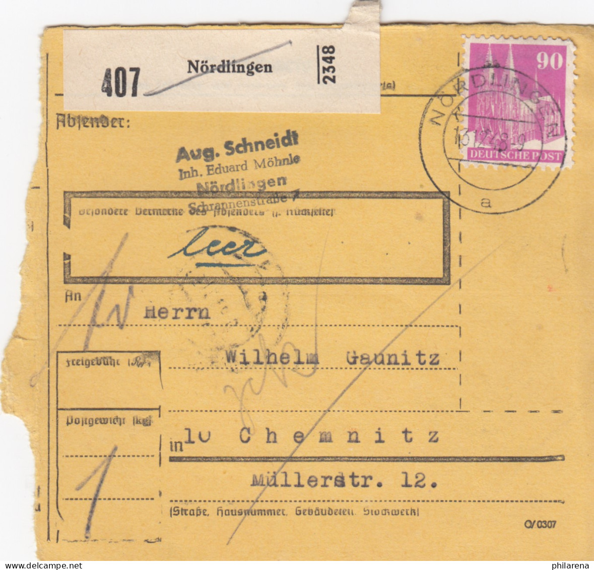 BiZone Paketkarte 1948: Nördlingen Nach Chemnitz - Cartas & Documentos