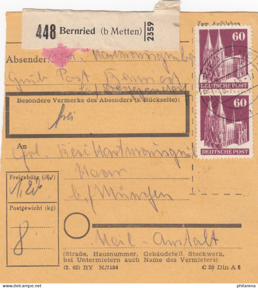 BiZone Paketkarte 1948: Bernried Nach Haar Bei München, Heilanstalt - Cartas & Documentos