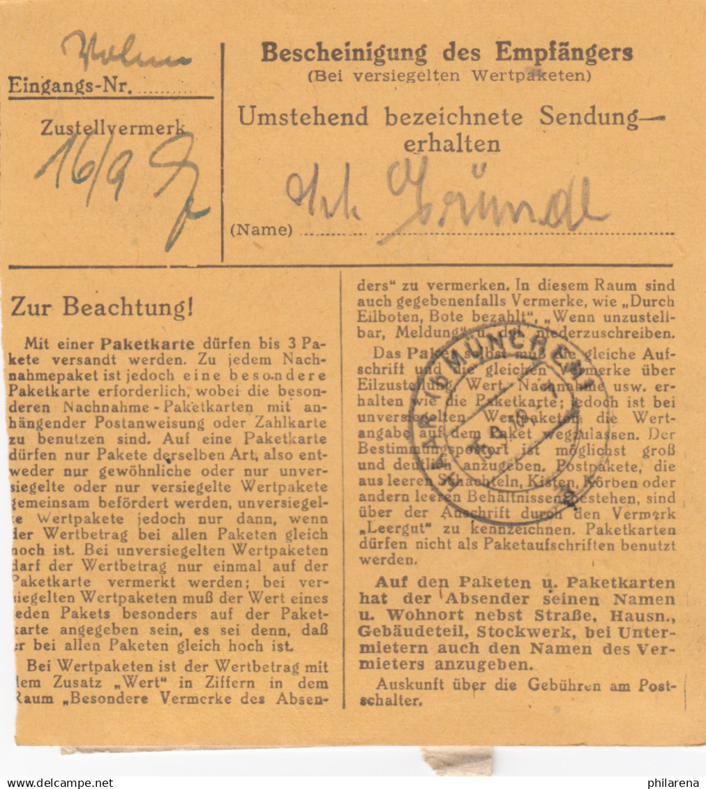 BiZone Paketkarte 1948: Bernried Nach Haar Bei München, Heilanstalt - Briefe U. Dokumente