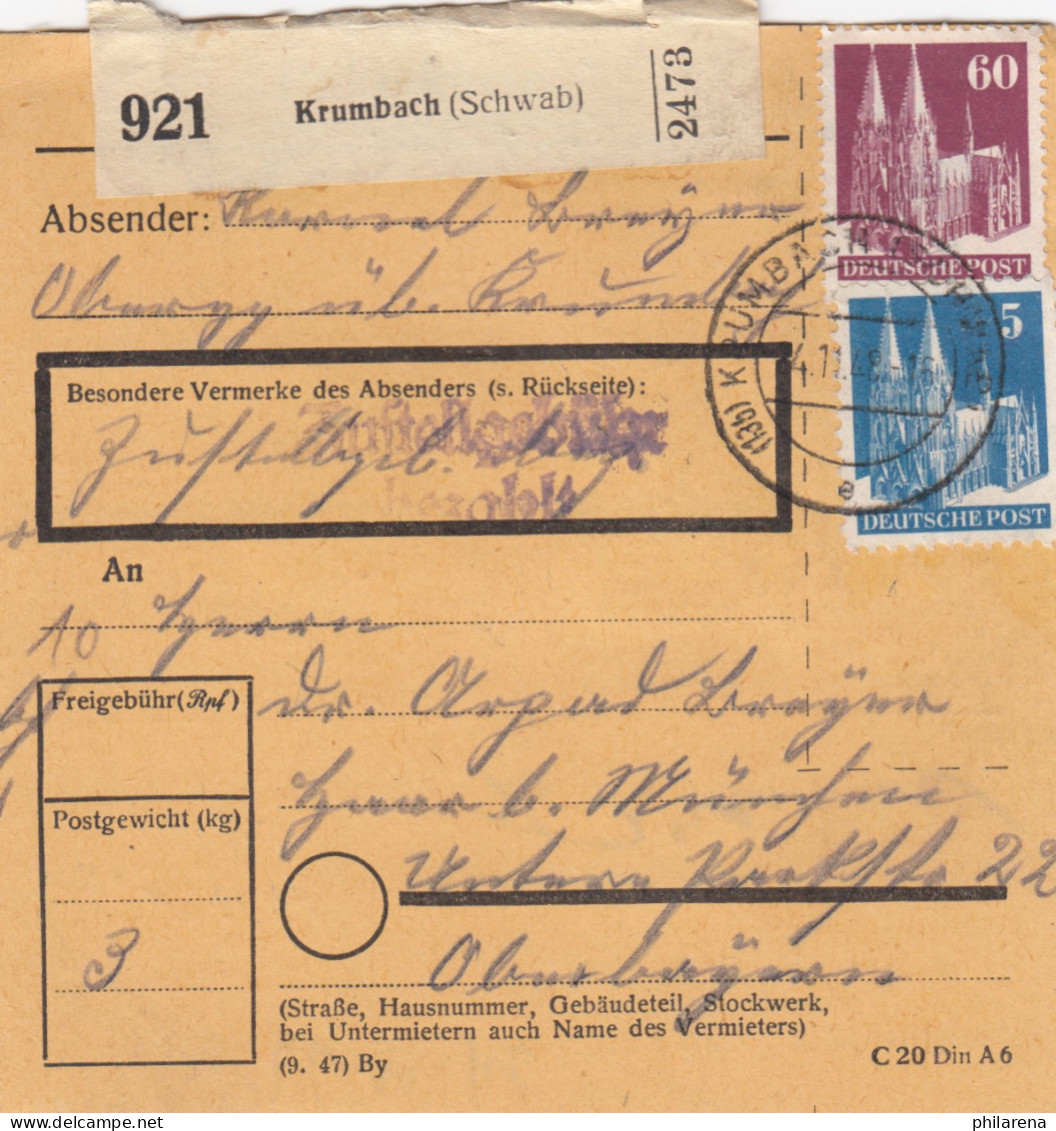 BiZone Paketkarte 1948: Krumbach Nach Haar B. München - Briefe U. Dokumente