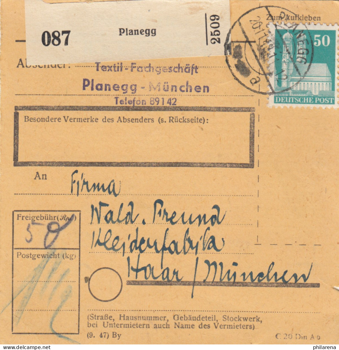BiZone Paketkarte 1948: Planegg Nach Haar/München - Lettres & Documents