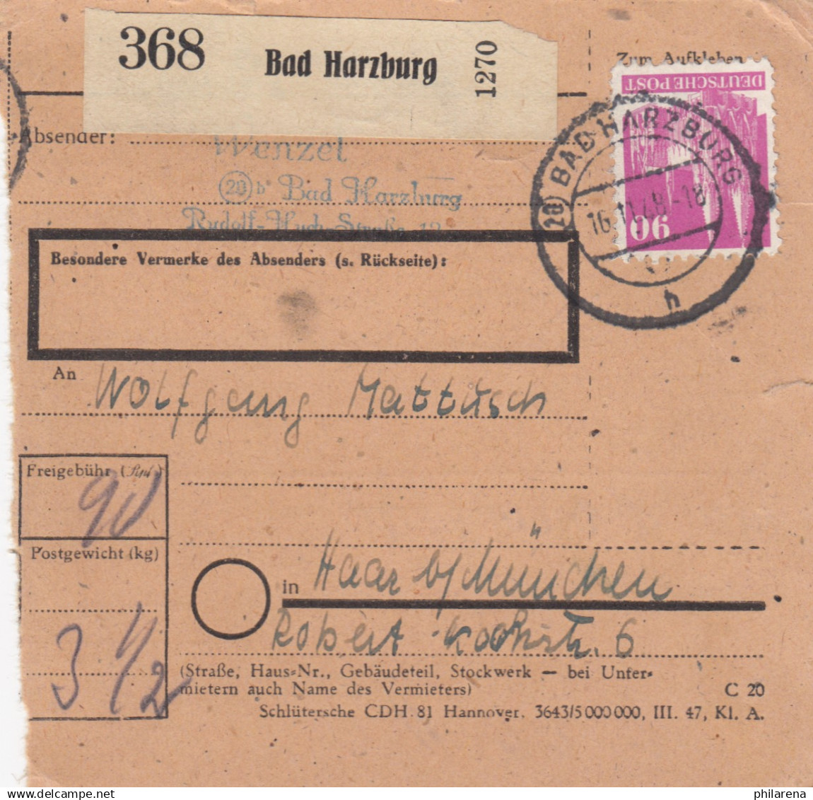 BiZone Paketkarte 1948: Bad Harzburg Nach Haar Bei München - Covers & Documents