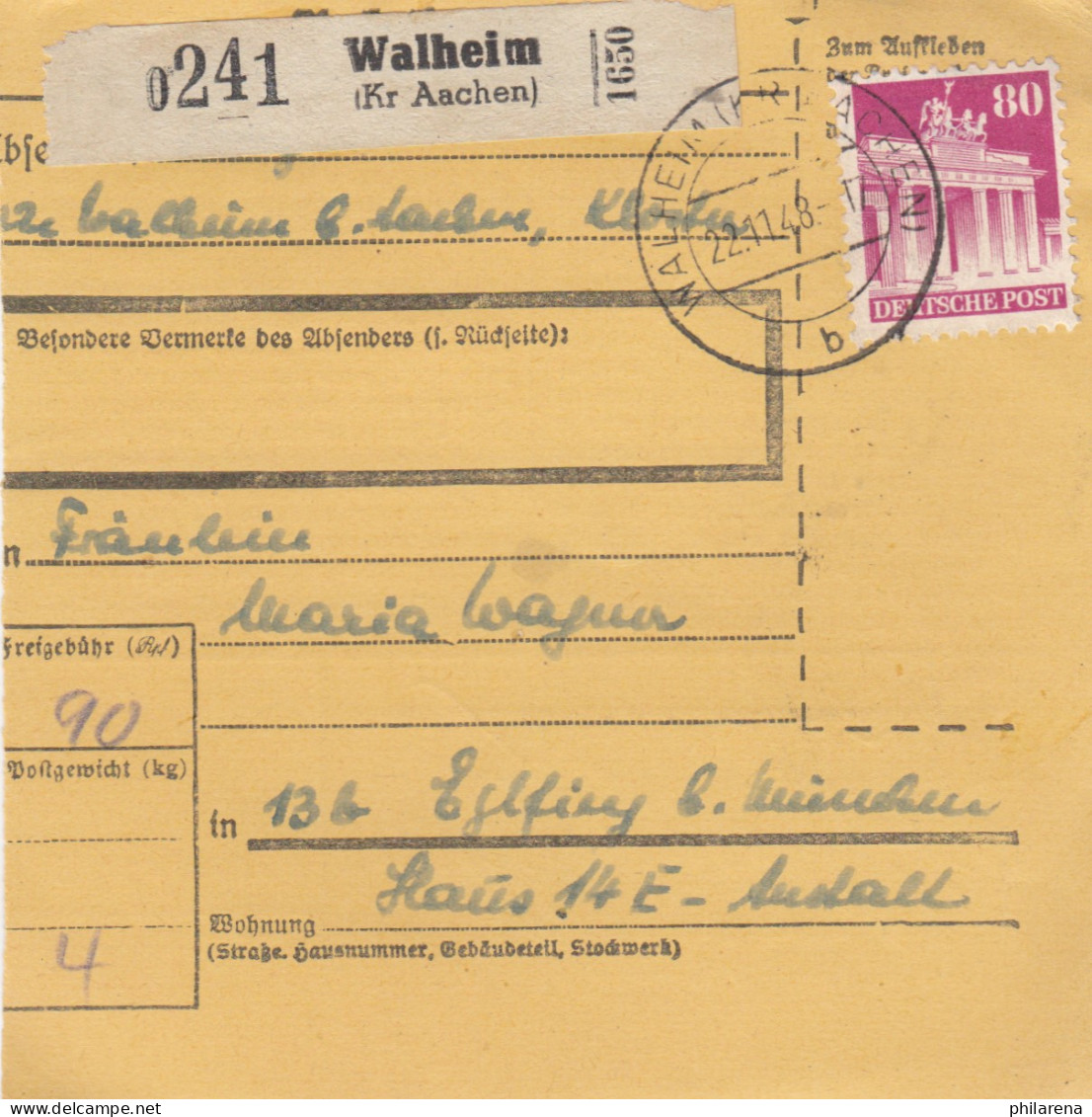 BiZone Paketkarte 1948: Walheim Nach Eglfing B. München - Cartas & Documentos