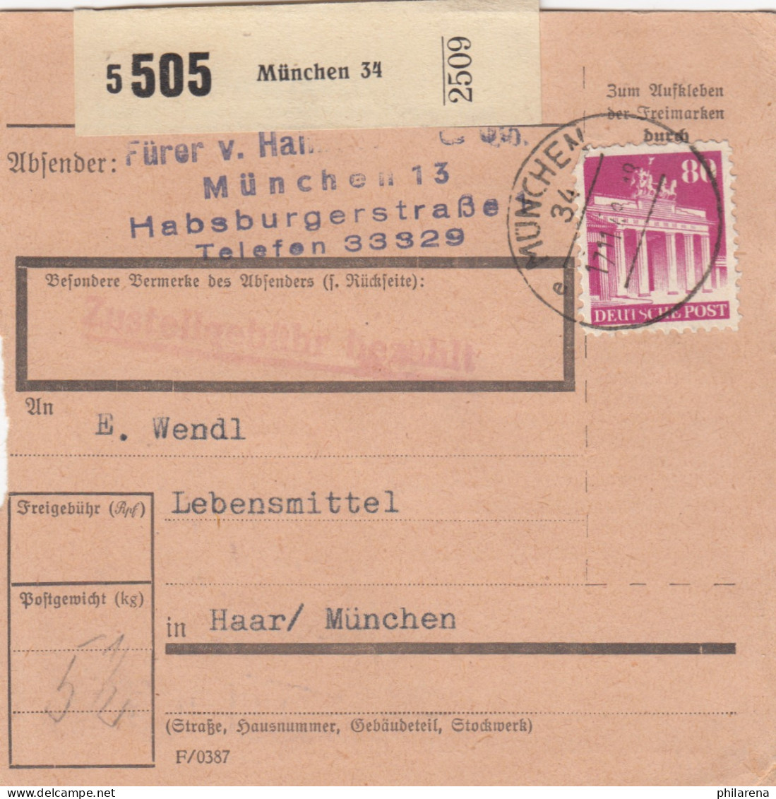 BiZone Paketkarte 1948: München Nch Haar/München, Lebensmittel - Briefe U. Dokumente