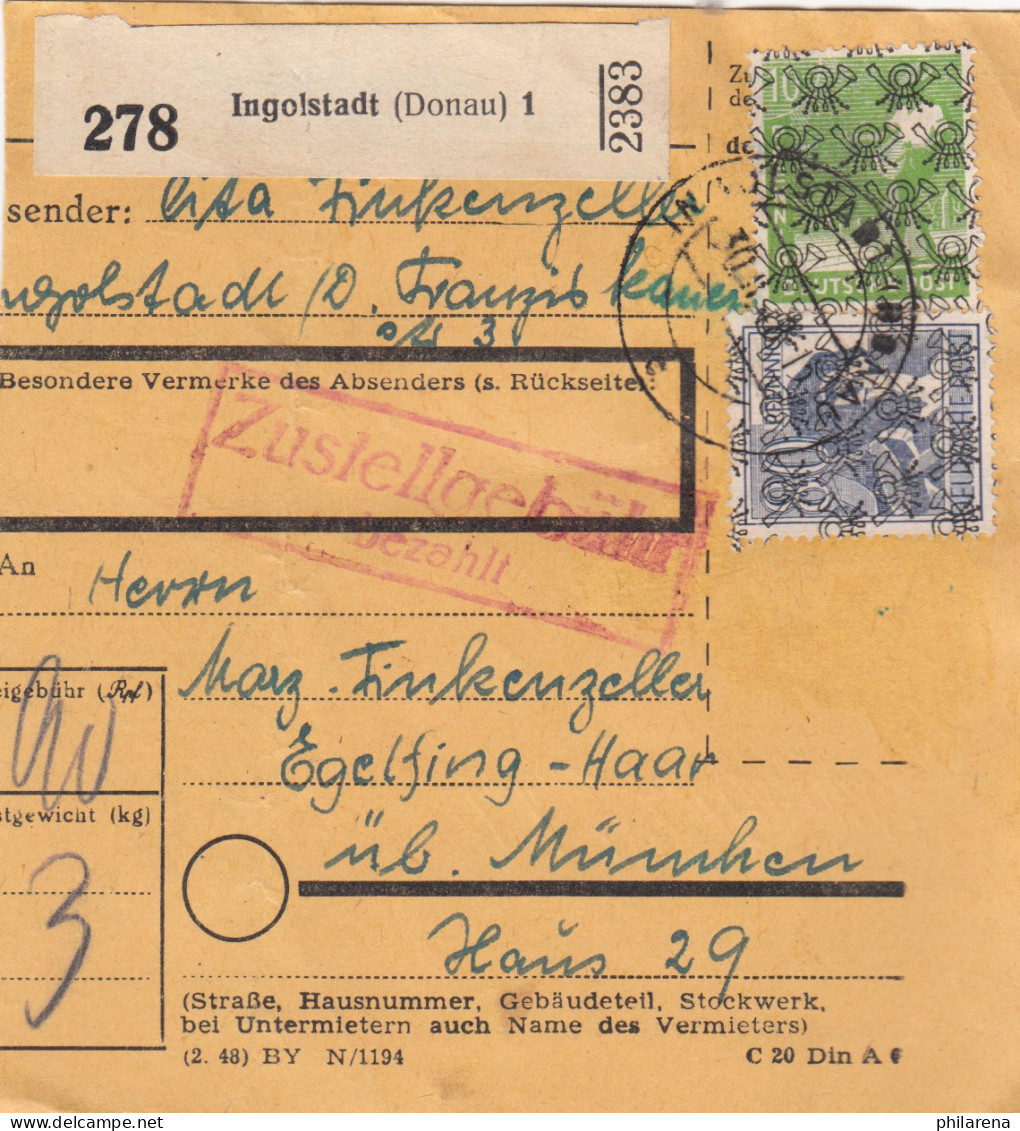 BiZone Paketkarte 1948: Ingolstadt (Donau) Nach Eglfing über München - Covers & Documents