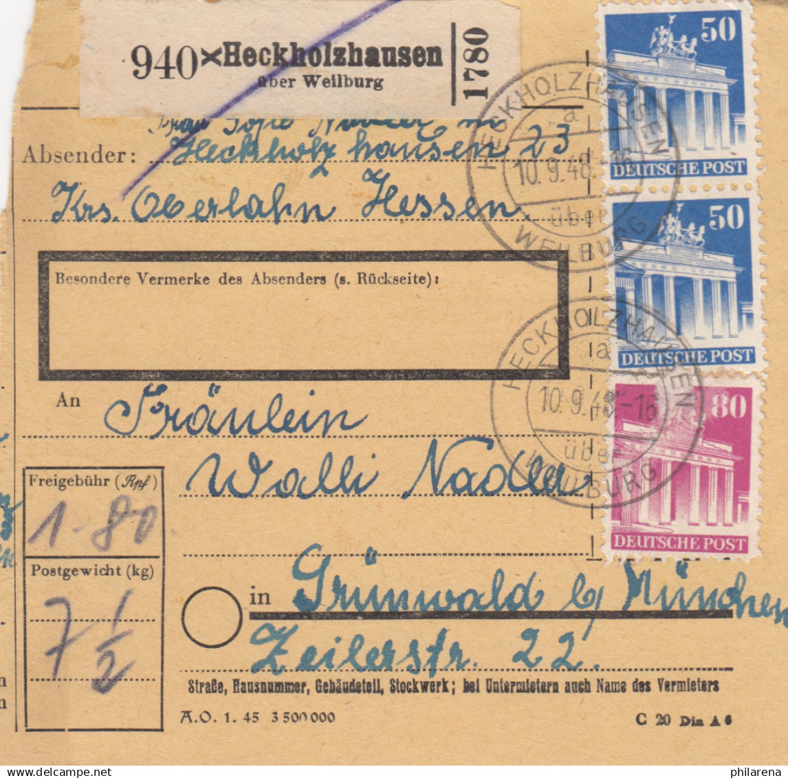 BiZone Paketkarte 1948: Heckholzhausen Nach Grünwald - Cartas & Documentos