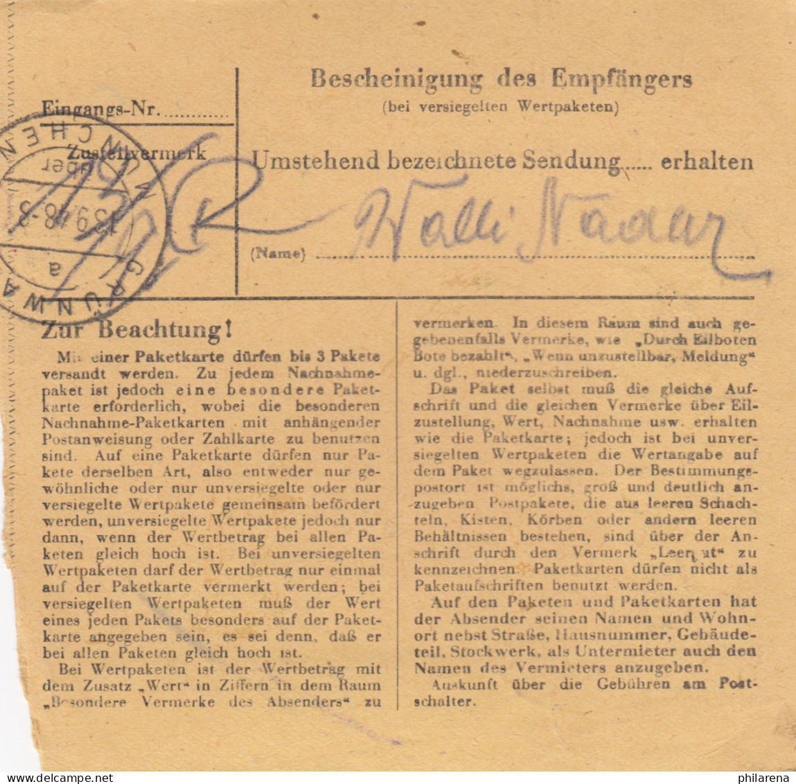 BiZone Paketkarte 1948: Heckholzhausen Nach Grünwald - Cartas & Documentos