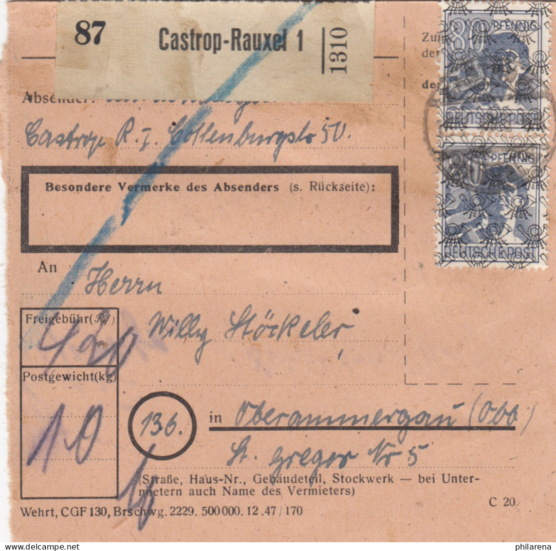 BiZone Paketkarte: Castrop-Rauxel Nach Oberammergau - Lettres & Documents