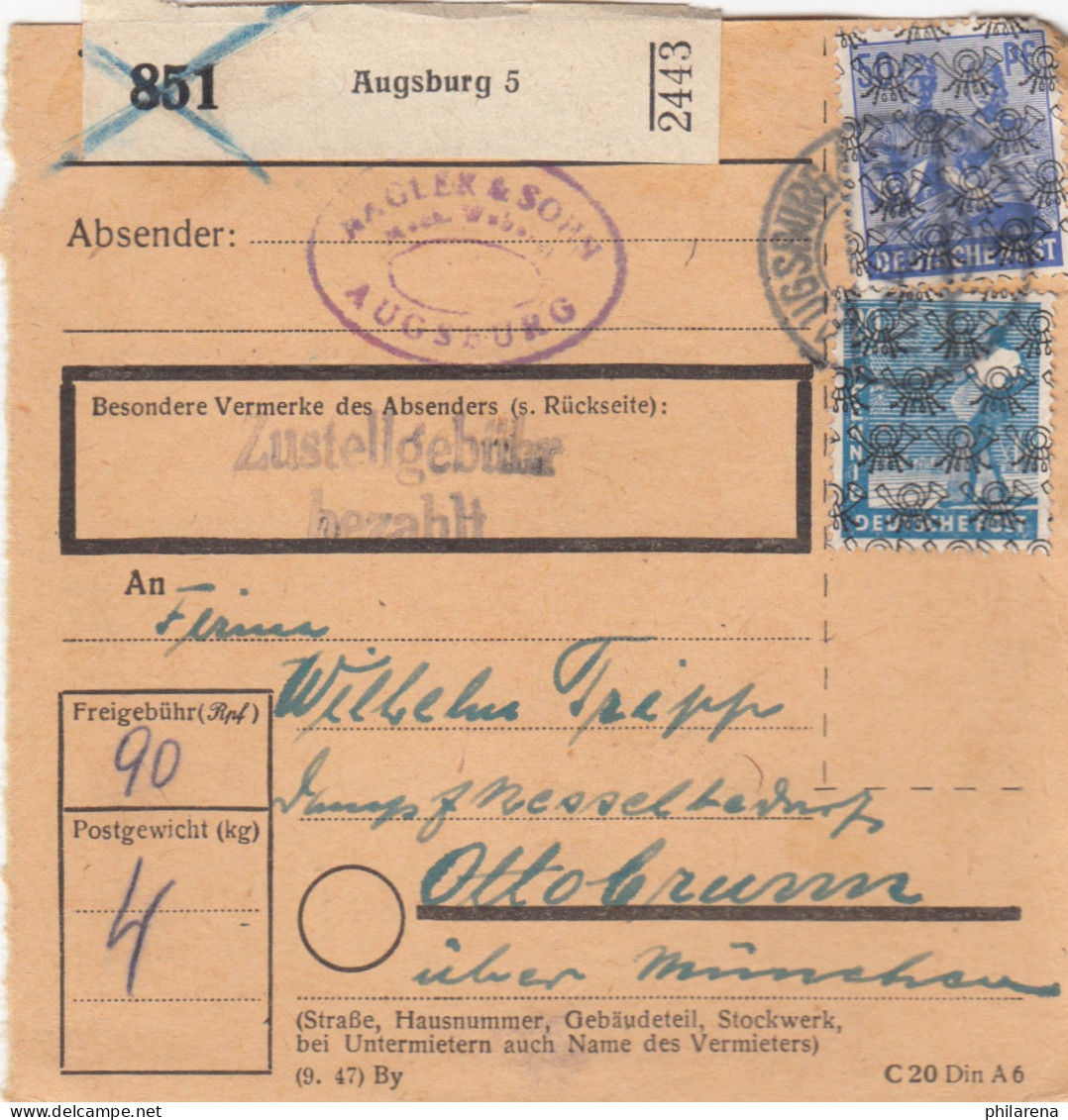 BiZone Paketkarte 1948: Augsburg 5 Nach Ottobrunn über München - Briefe U. Dokumente