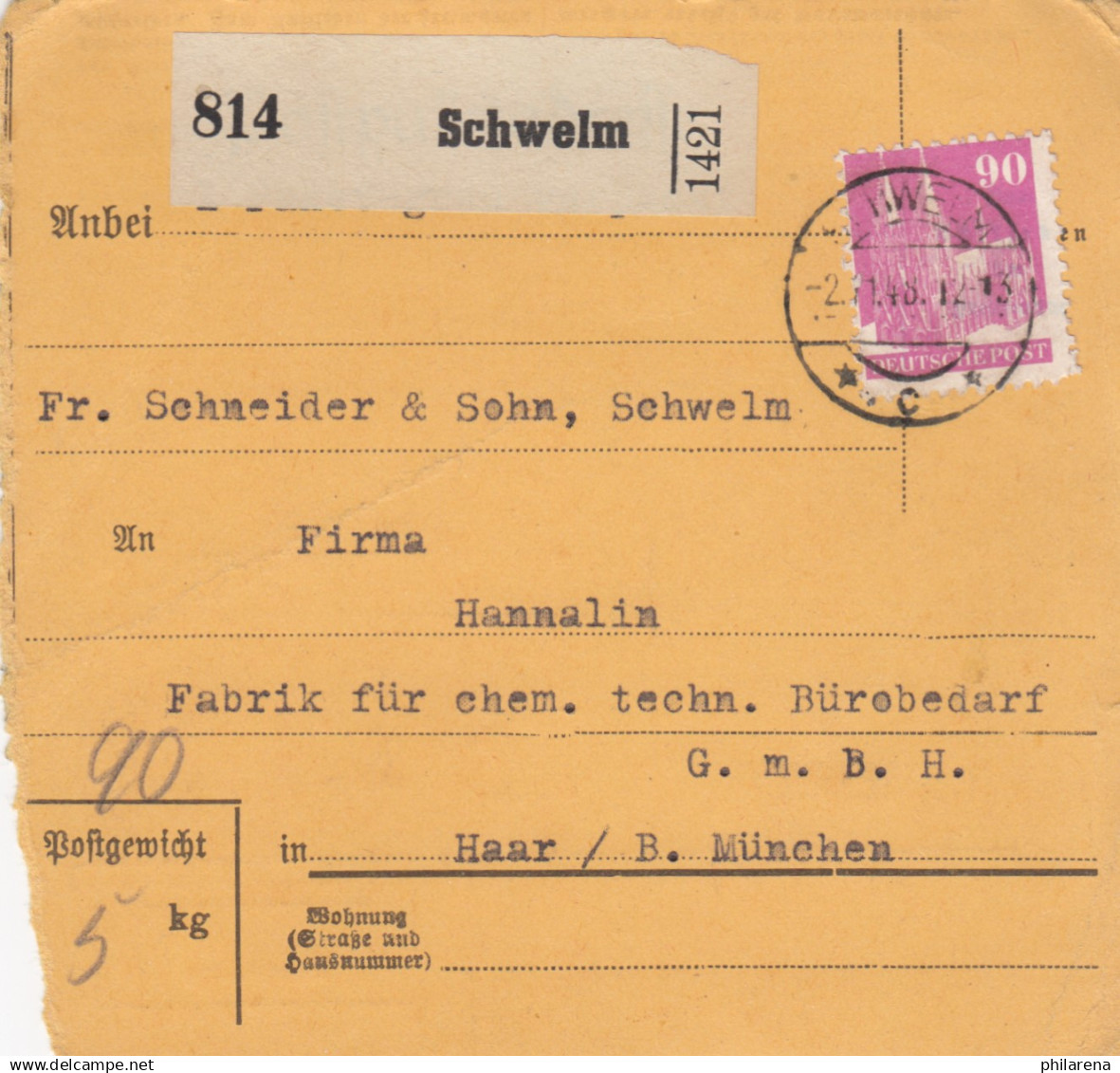 BiZone Paketkarte 1948: Schwelm Nach Haar B. München - Cartas & Documentos