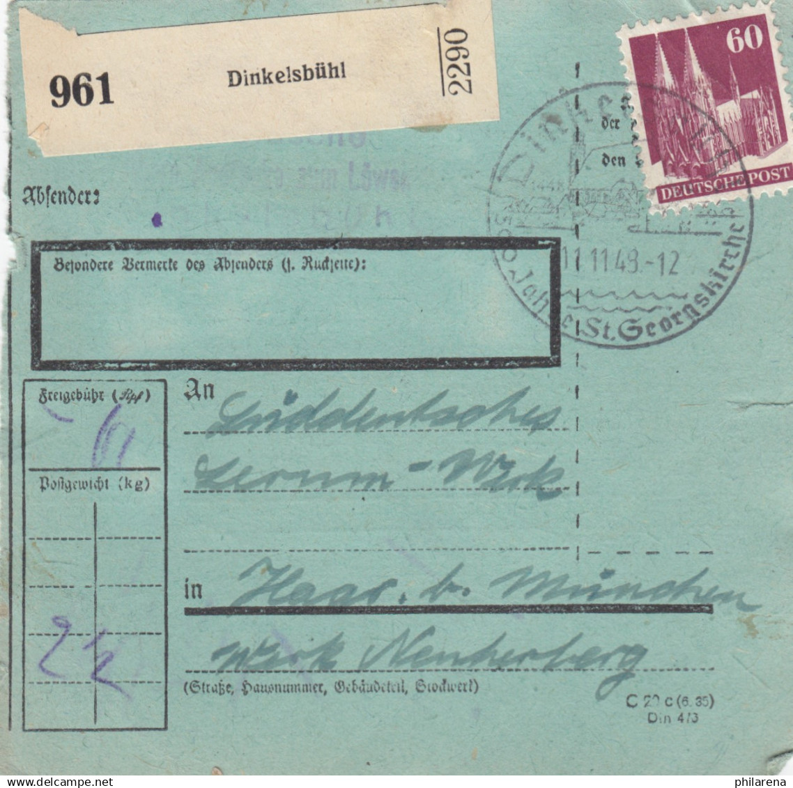 BiZone Paketkarte 1948: Dinkelsbühl Nach Haar B. München, Seltenes Formular - Cartas & Documentos