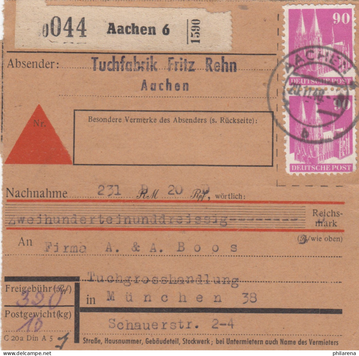 BiZone Paketkarte 1948: Aachen Nach München, Nachnahme - Briefe U. Dokumente