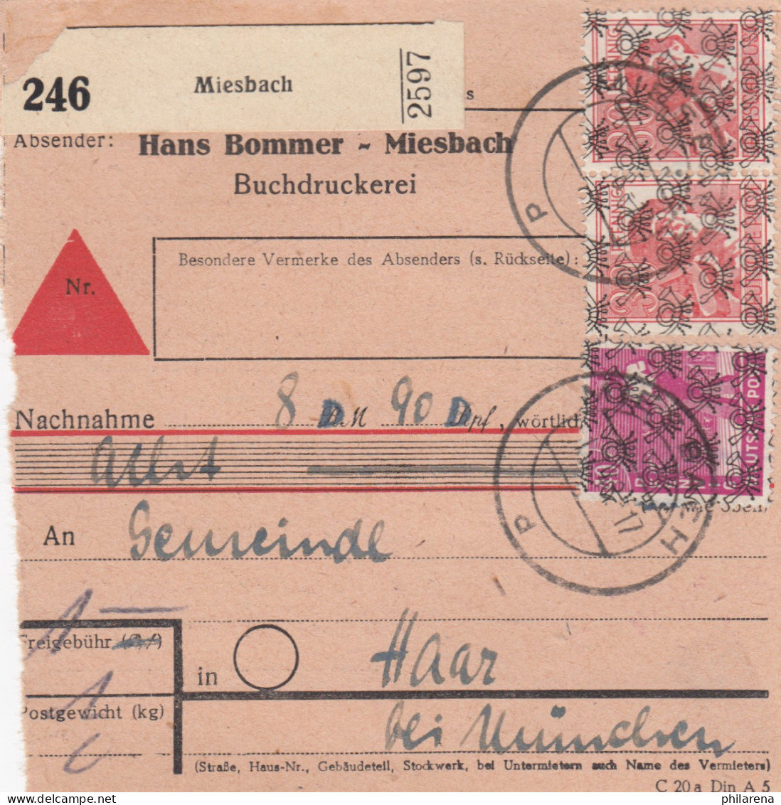 BiZone Paketkarte 1948: Miesbach Nach Haar, Selbstbucher, Nachnahme - Brieven En Documenten