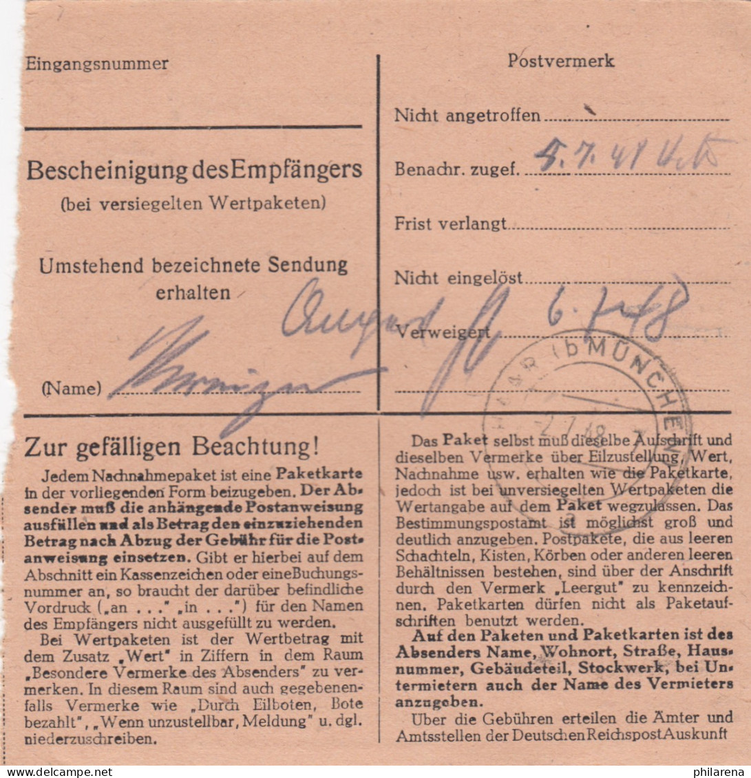 BiZone Paketkarte 1948: Miesbach Nach Haar, Selbstbucher, Nachnahme - Brieven En Documenten