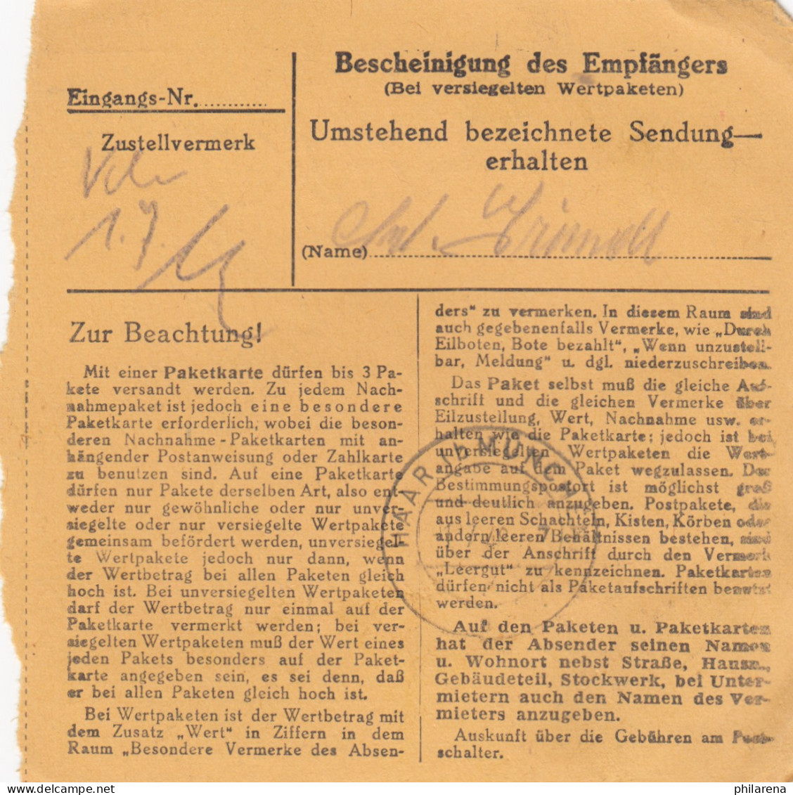 BiZone Paketkarte 1948: Traunstein Nach Eglfing, Heilanstalt - Cartas & Documentos