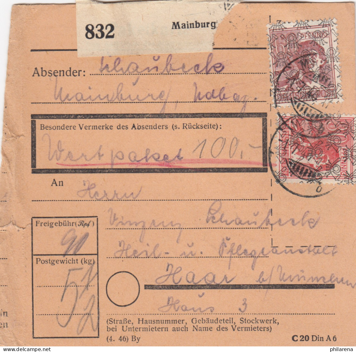 BiZone Paketkarte 1947: Mainburg Nach Haar, Wertpaketkarte, Pflegeanstalt - Brieven En Documenten
