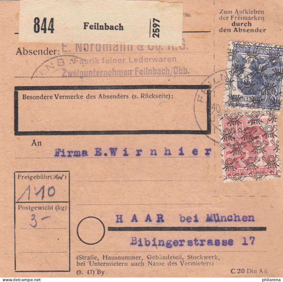 BiZone Paketkarte 1948: Feilnbach, Nordmann KG - Lederwaren -, Nach Haar - Lettres & Documents