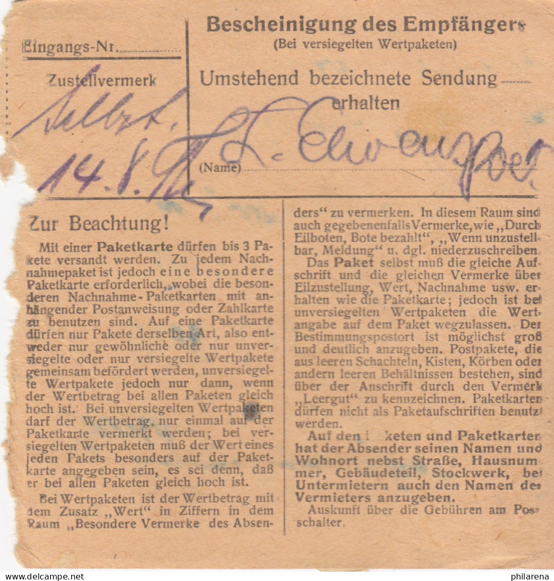 BiZone Paketkarte 1948: Oberstdorf Nach Ottobrunn, Wertkarte - Briefe U. Dokumente