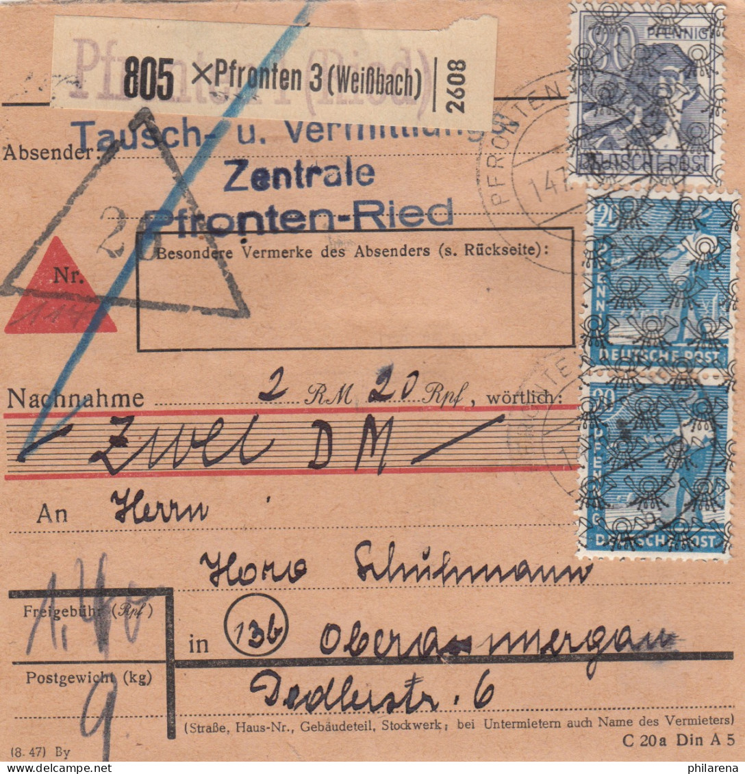 BiZone Paketkarte: Pfronten/Weißbach, Tauschzentrale Nach Oberammergau Nachnahme - Covers & Documents