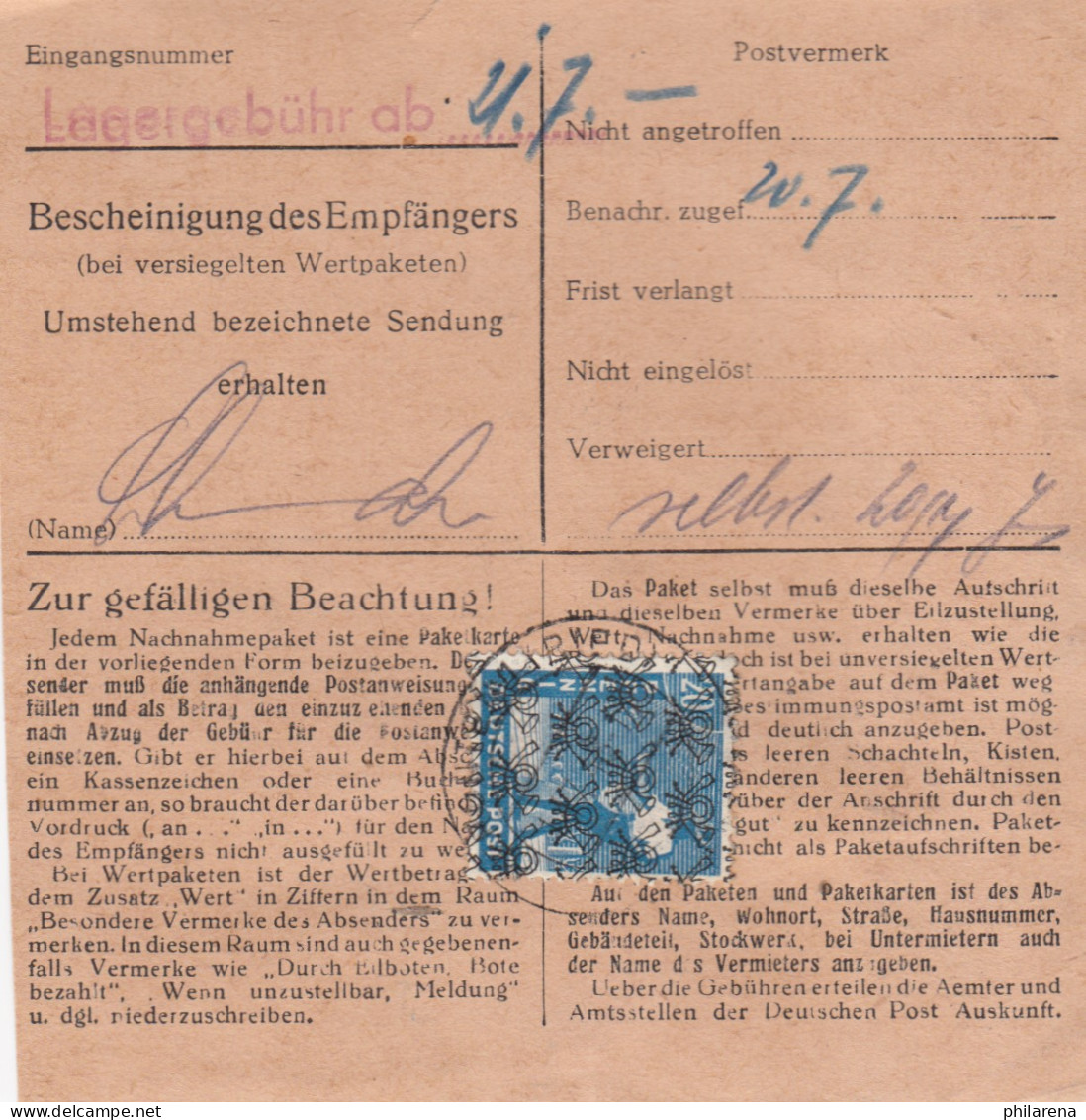 BiZone Paketkarte: Pfronten/Weißbach, Tauschzentrale Nach Oberammergau Nachnahme - Lettres & Documents