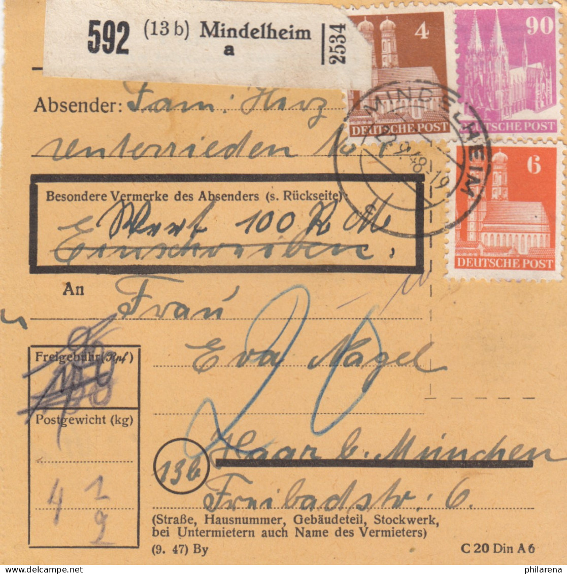 BiZone Paketkarte 1948: Mindelheim Nach Haar, Wertkarte - Cartas & Documentos