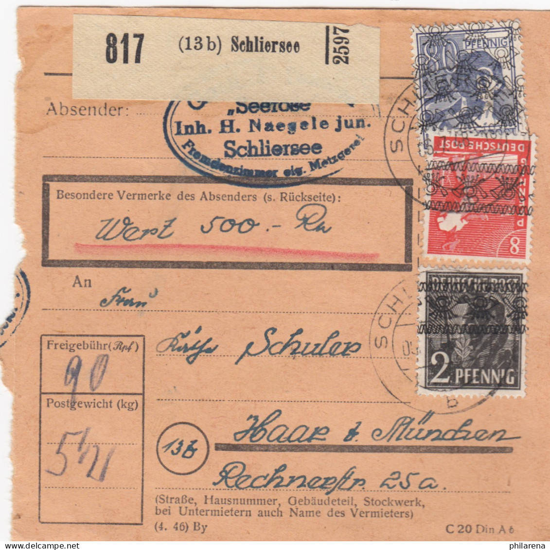 BiZone Paketkarte 1948: Schliersee Nach Haar, Wertkarte 500 RM - Briefe U. Dokumente