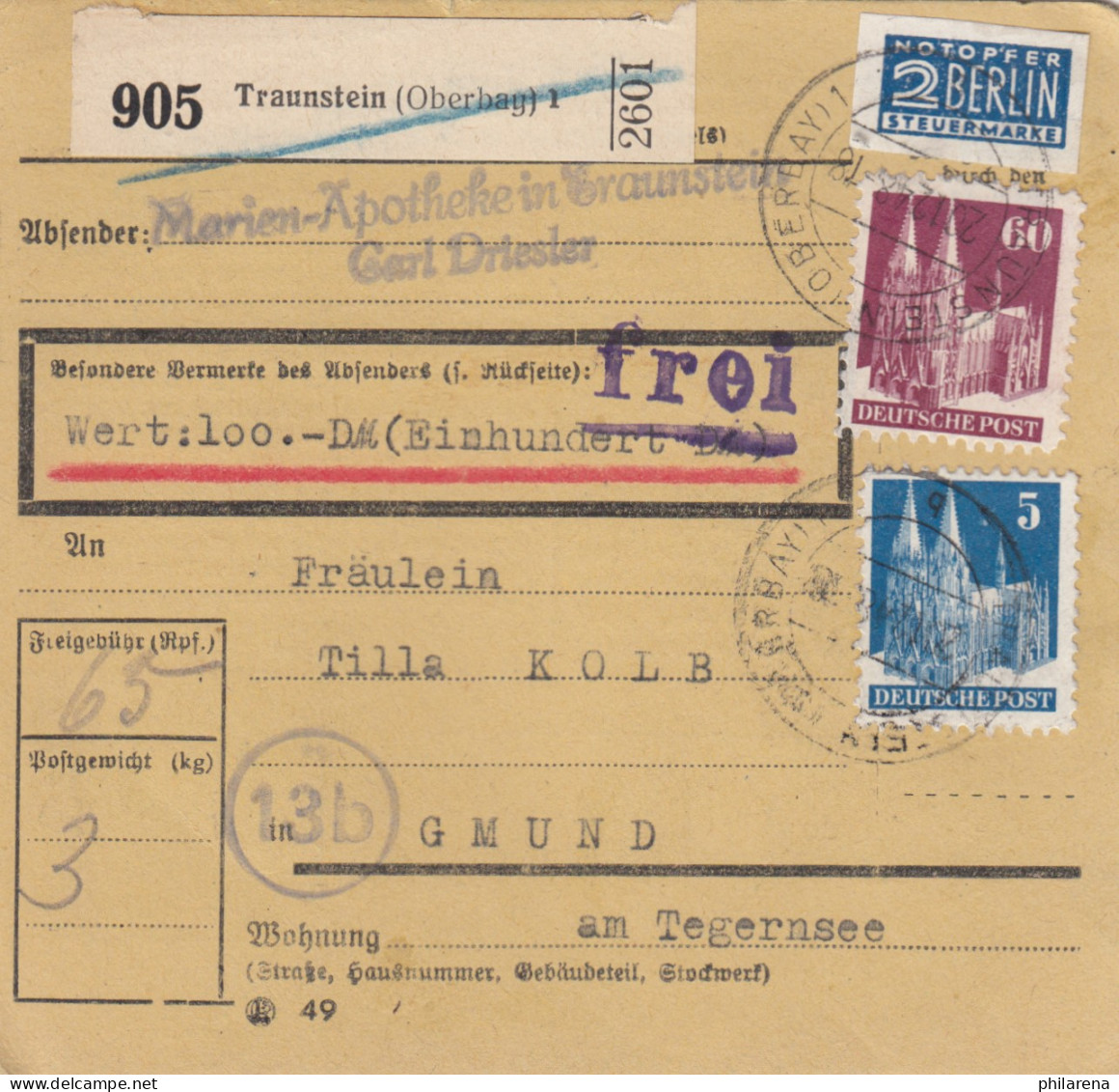 BiZone Paketkarte 1948: Traunstein Nach Gmund, Wertkarte, Notopfer - Covers & Documents