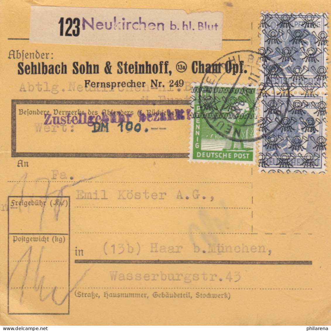 BiZone Paketkarte 1948 Neukirchen, Wertkarte, Selbstbucher, Sehlbach + Steinhoff - Cartas & Documentos