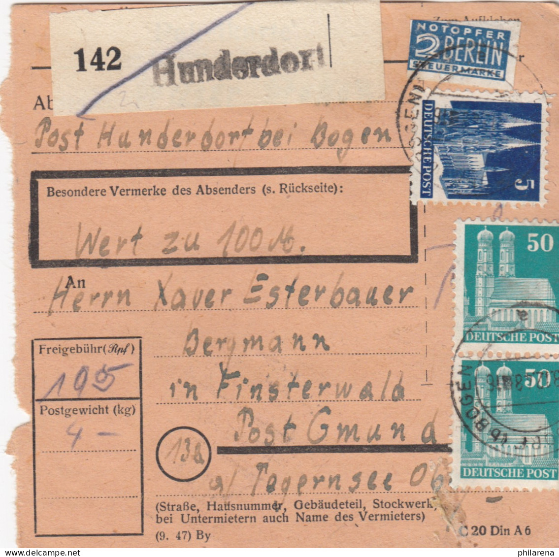 BiZone Paketkarte 1948: Hunderdorf Nach Finsterwald, Wertkarte, Notopfer - Brieven En Documenten