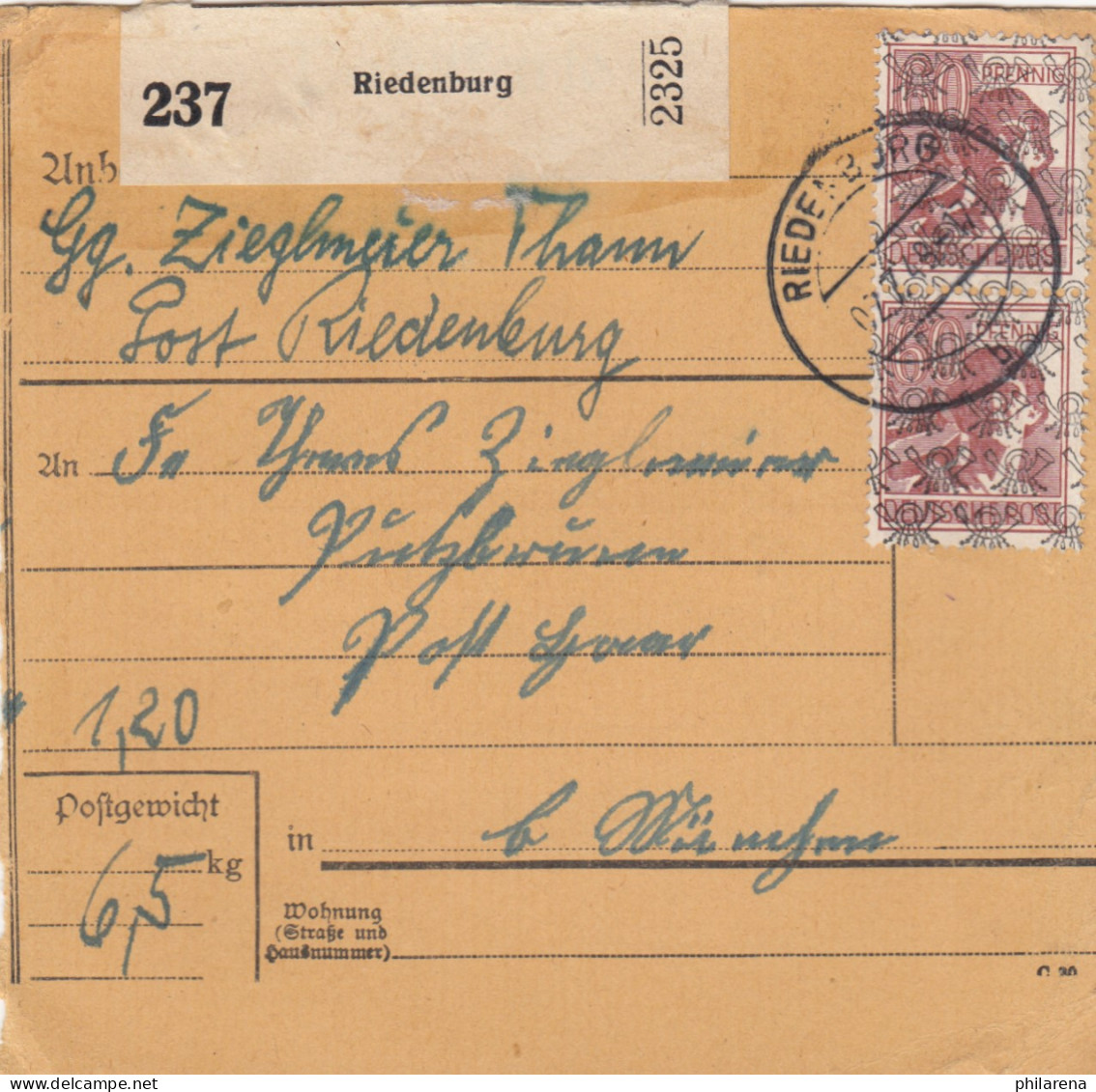 BiZone Paketkarte 1948: Riedenburg Nach Putzbrunn B. München - Cartas & Documentos