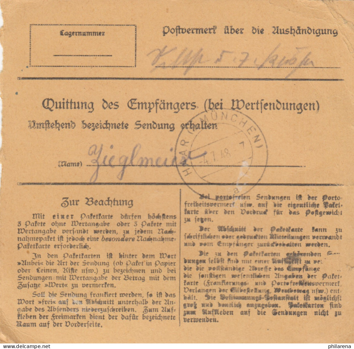 BiZone Paketkarte 1948: Riedenburg Nach Putzbrunn B. München - Lettres & Documents