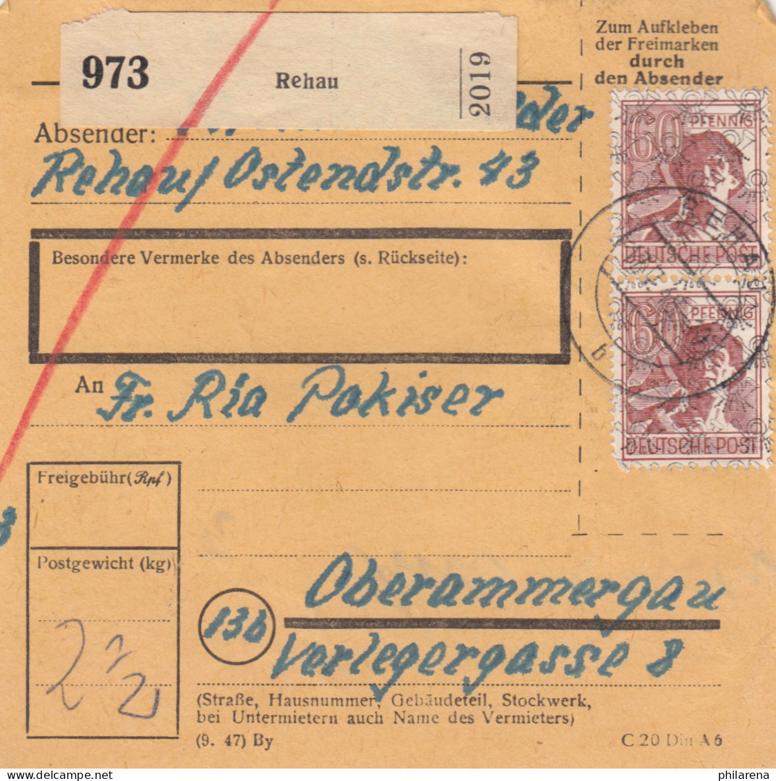 BiZone Paketkarte 1948: Rehau Nach Oberammergau - Covers & Documents