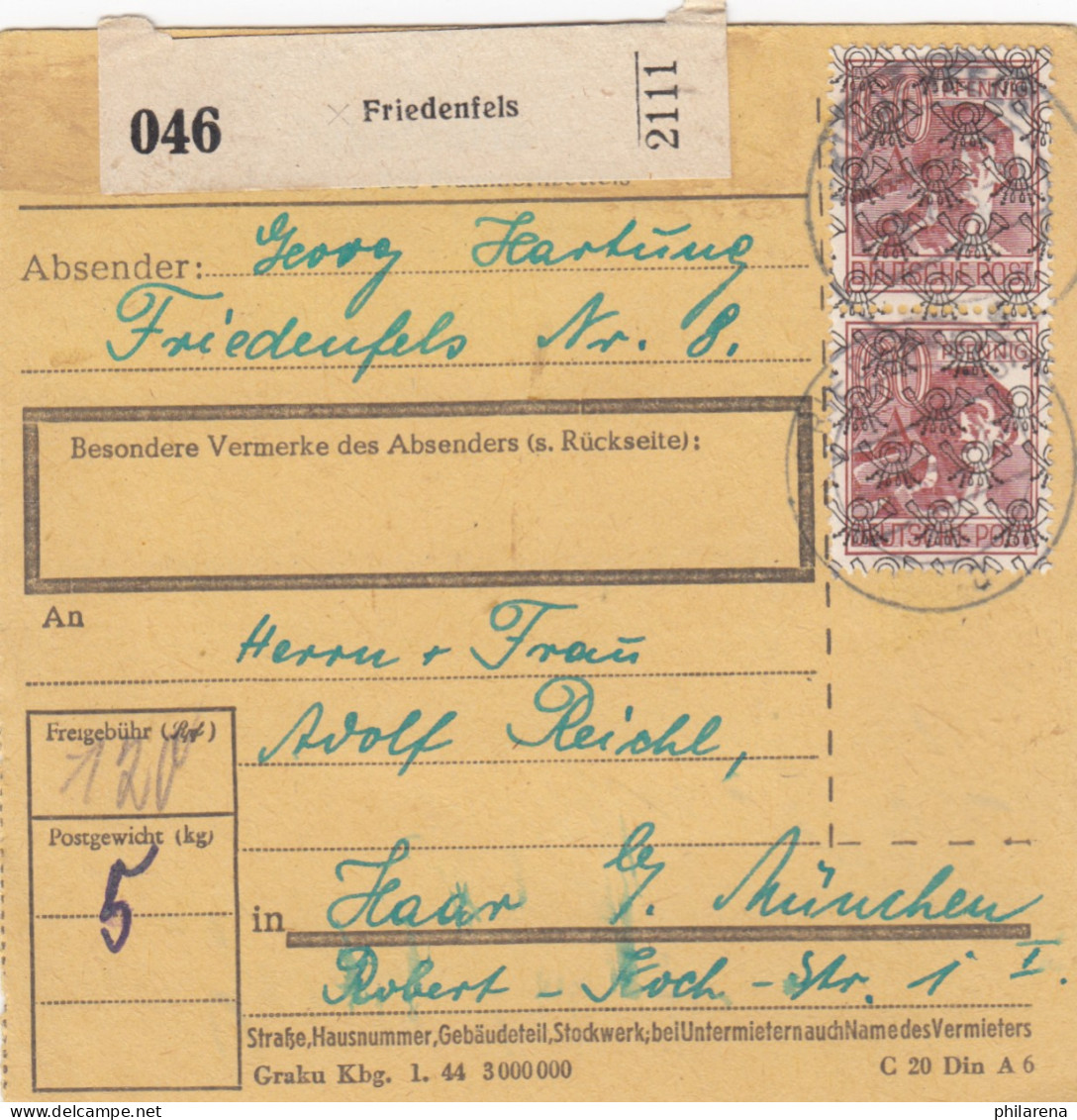 BiZone Paketkarte 1948: Friedenfels Nach Haar - Briefe U. Dokumente