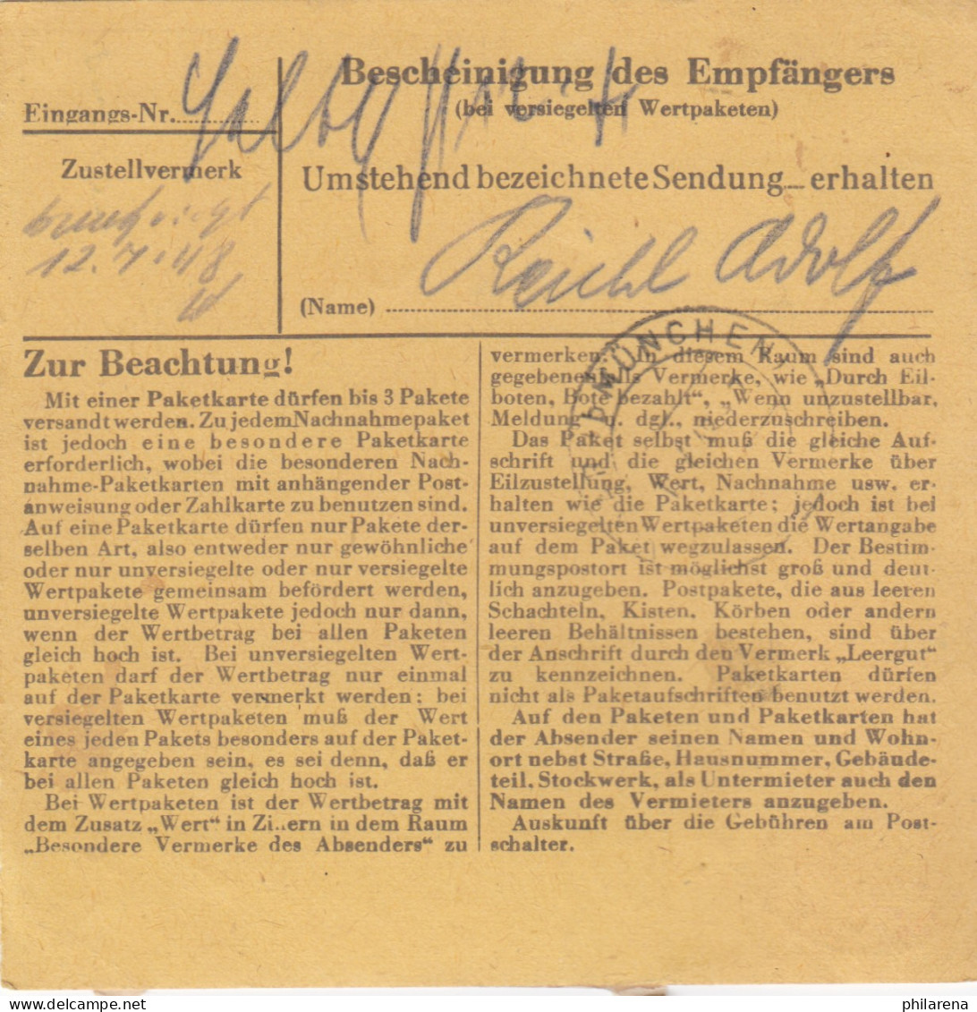 BiZone Paketkarte 1948: Friedenfels Nach Haar - Cartas & Documentos
