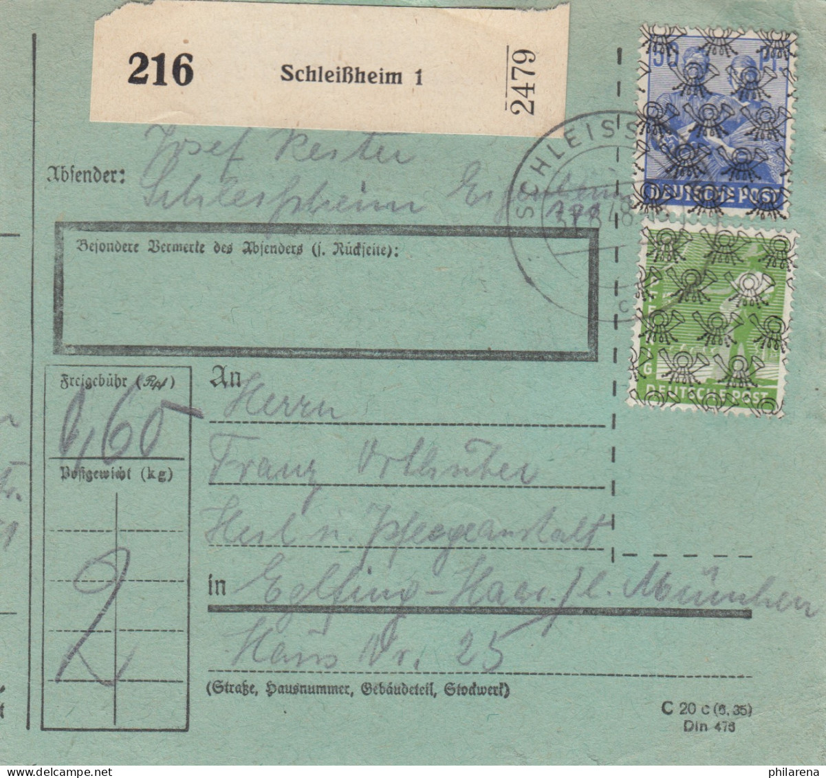 BiZone Paketkarte 1948: Schleißheim Nach Eglfing, Heilanst., Bes. Formular - Cartas & Documentos