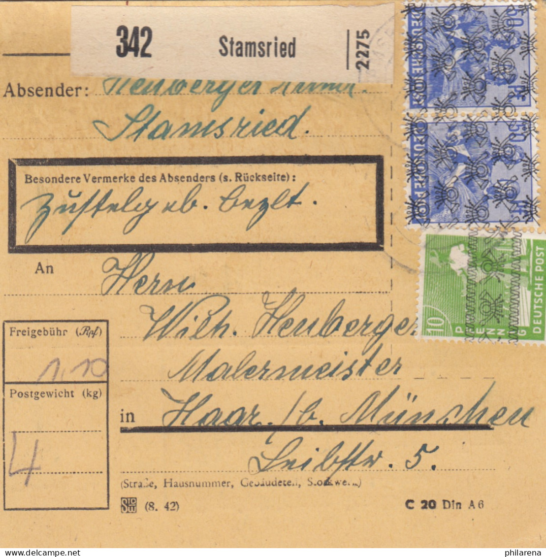 BiZone Paketkarte 1948: Stamsried Nach Haar, Malermeister - Lettres & Documents