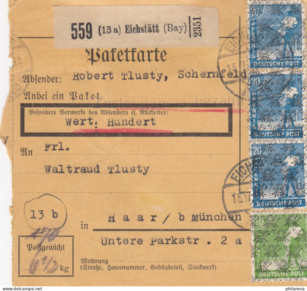 BiZone Paketkarte 1948: Eichstätt Nach Haar, Wertkarte - Briefe U. Dokumente