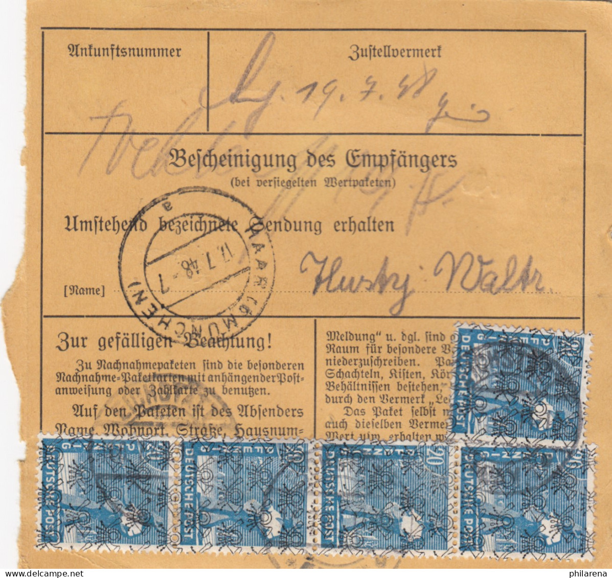 BiZone Paketkarte 1948: Eichstätt Nach Haar, Wertkarte - Briefe U. Dokumente