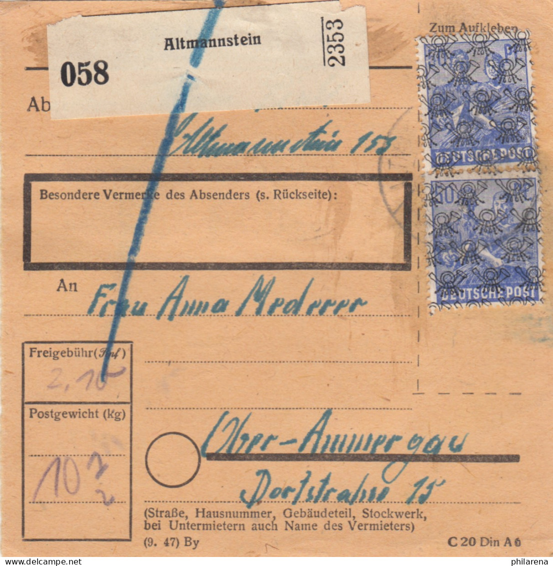 BiZone Paketkarte 1948: Altmannstein Nach Oberammergau - Lettres & Documents