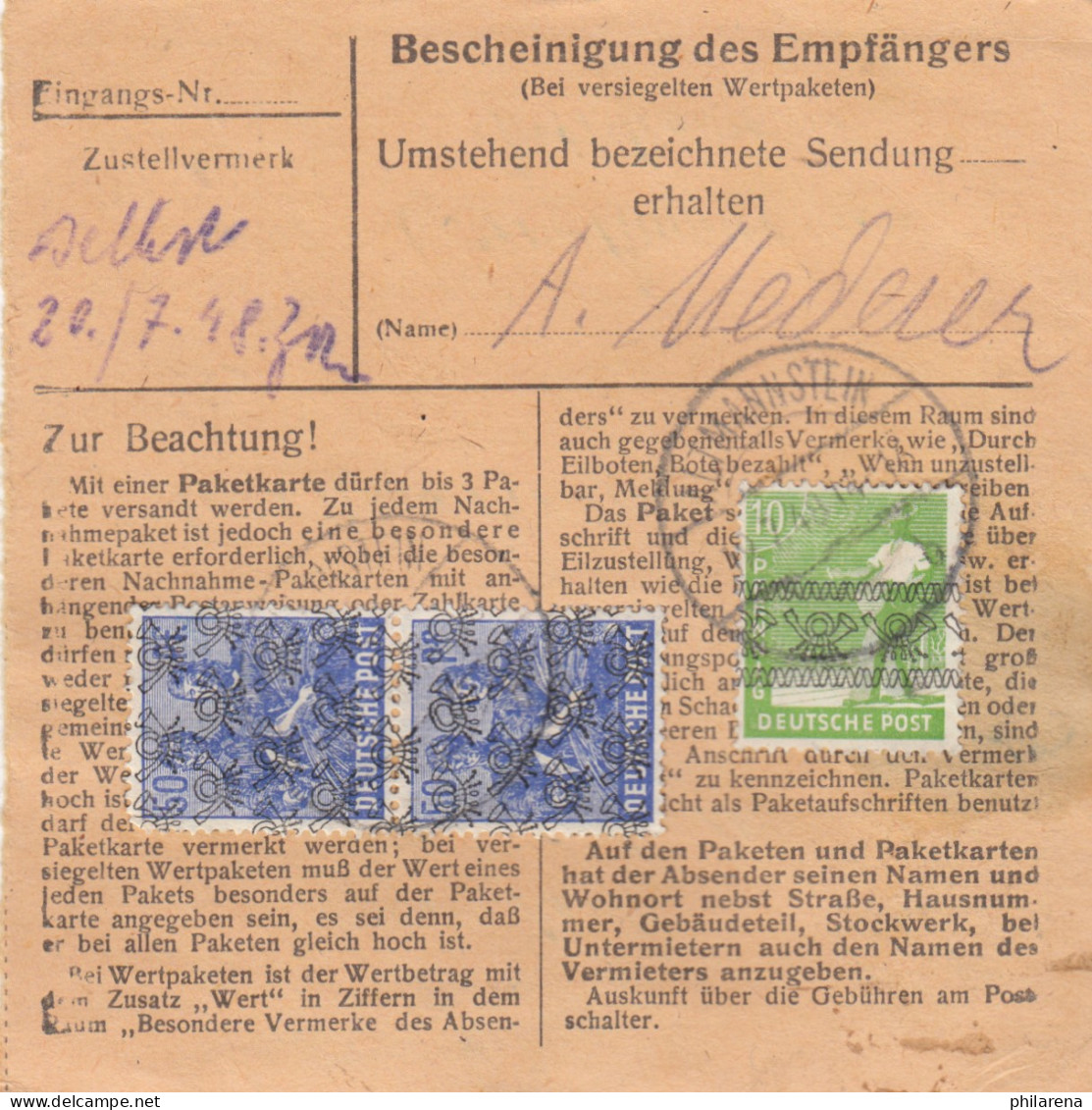 BiZone Paketkarte 1948: Altmannstein Nach Oberammergau - Cartas & Documentos