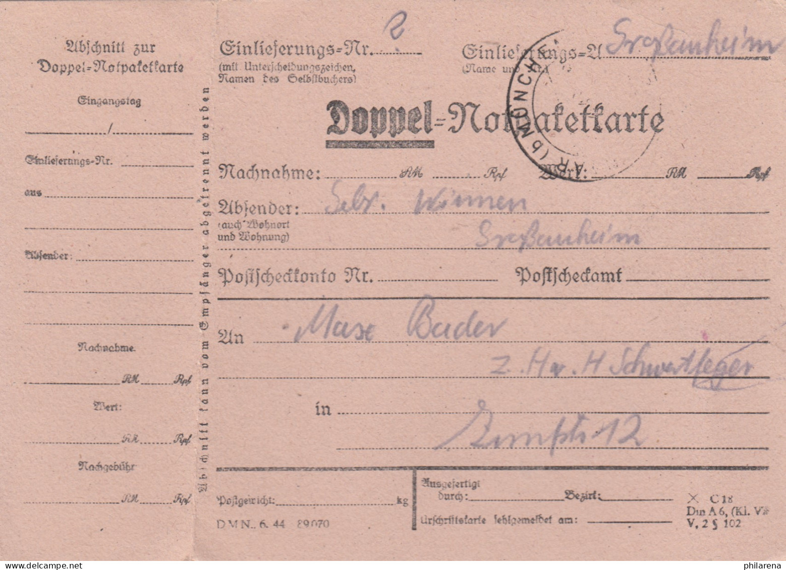 BiZone Paketkarte 1948: Großauheim - München, Doppel-Notpaketkarte - Cartas & Documentos