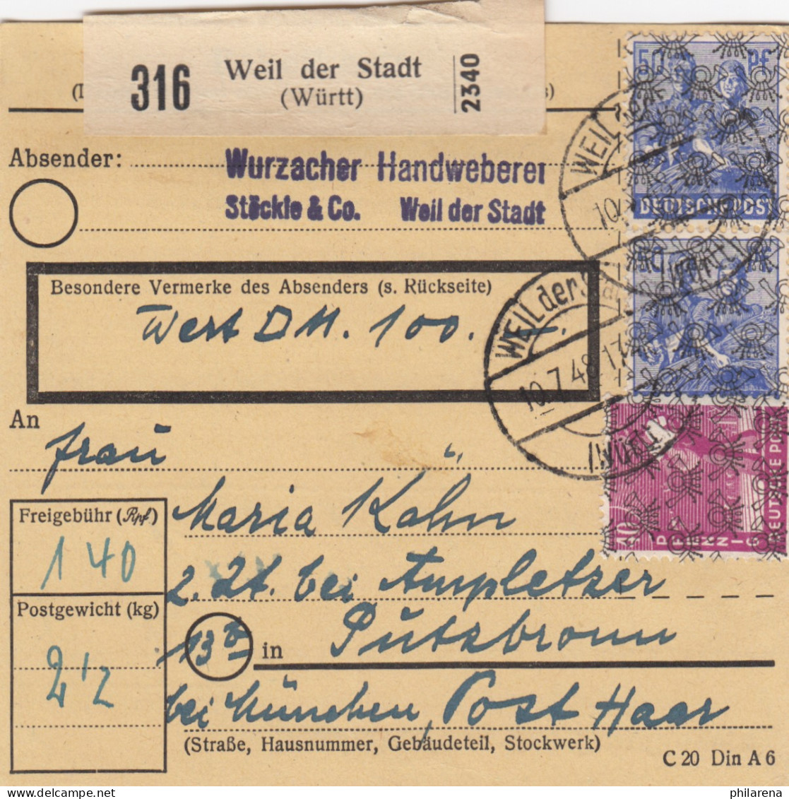 BiZone Paketkarte 1948: Weil Der Stadt, Handweberei, Nach Putzbrunn, Wertkarte - Cartas & Documentos