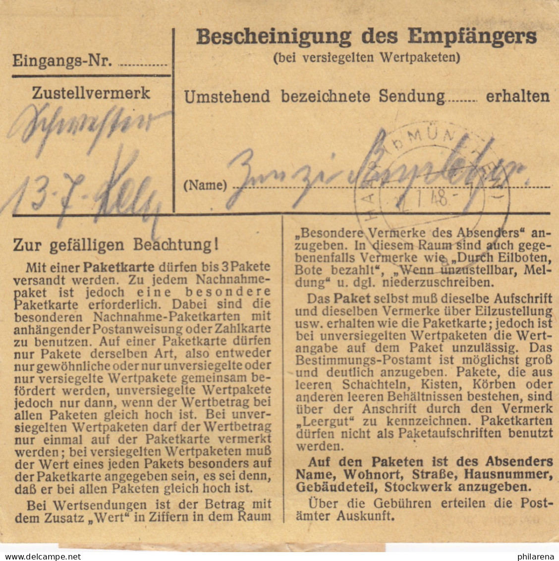 BiZone Paketkarte 1948: Weil Der Stadt, Handweberei, Nach Putzbrunn, Wertkarte - Lettres & Documents