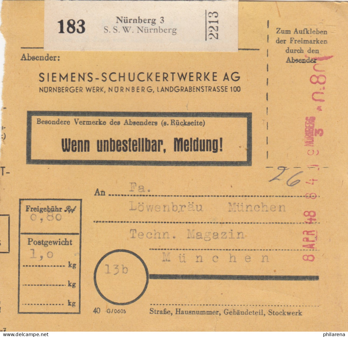 BiZone Paketkarte 1948: Nürnberg Nach München, Selbstbucherkarte, Löwenbräu - Covers & Documents
