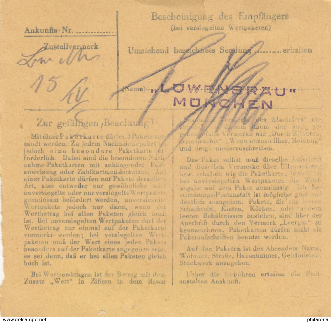 BiZone Paketkarte 1948: Nürnberg Nach München, Selbstbucherkarte, Löwenbräu - Covers & Documents