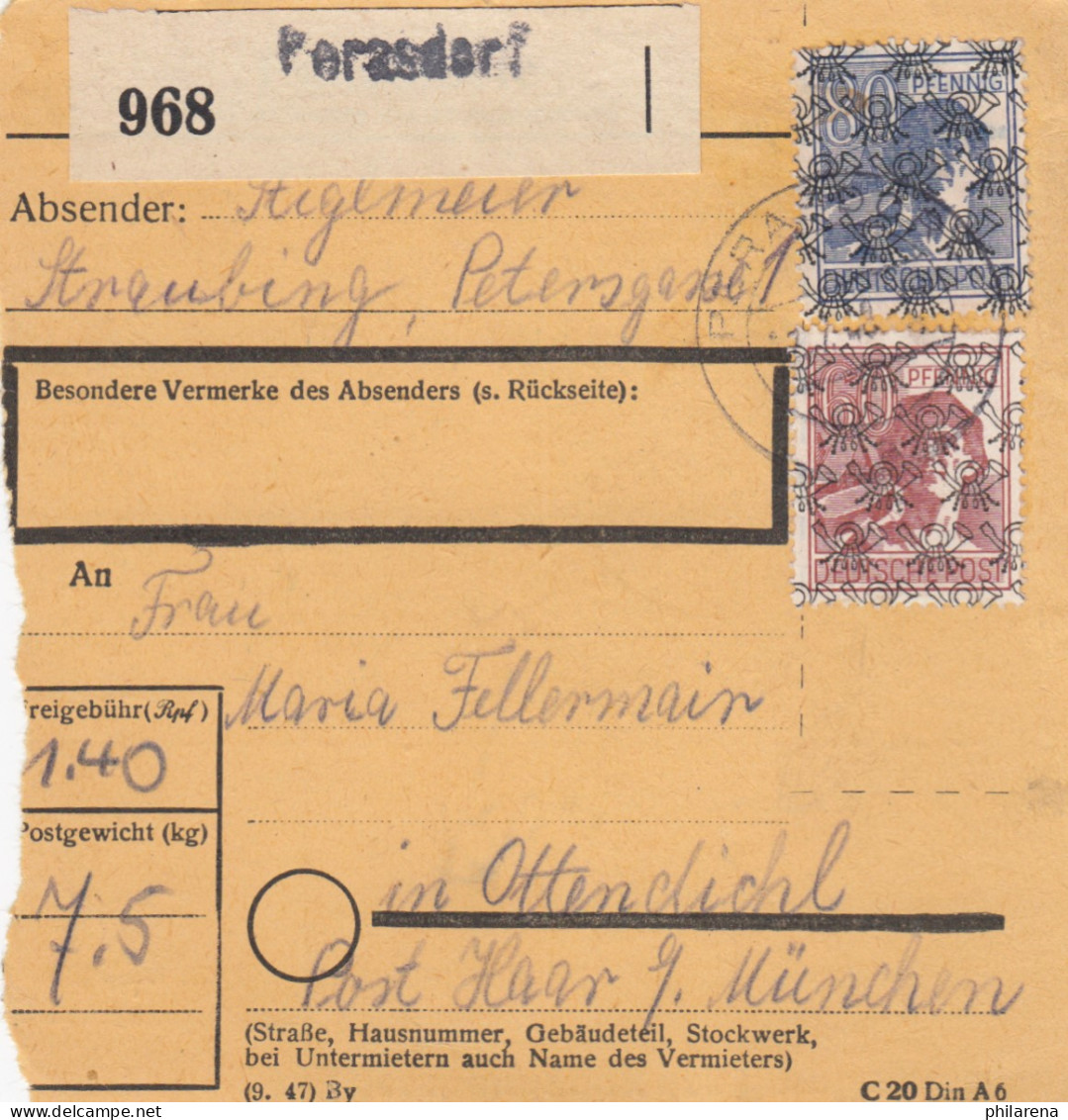 BiZone Paketkarte 1948: Straubing Perasdorf Nach Ottendichl - Lettres & Documents