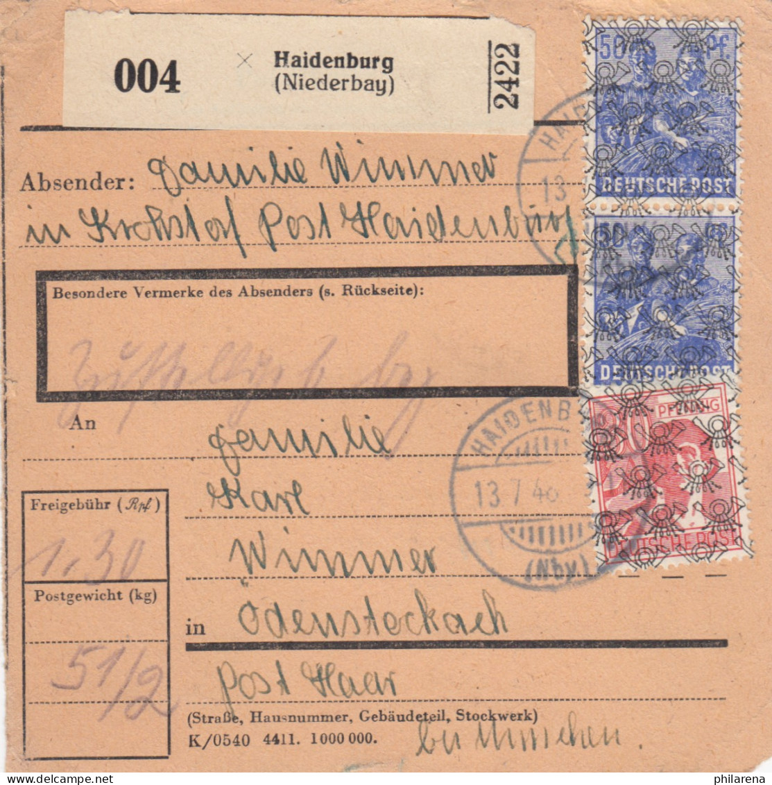 BiZone Paketkarte 1948: Kröhstorf über Haidenburg Nach Ödenstockach - Covers & Documents