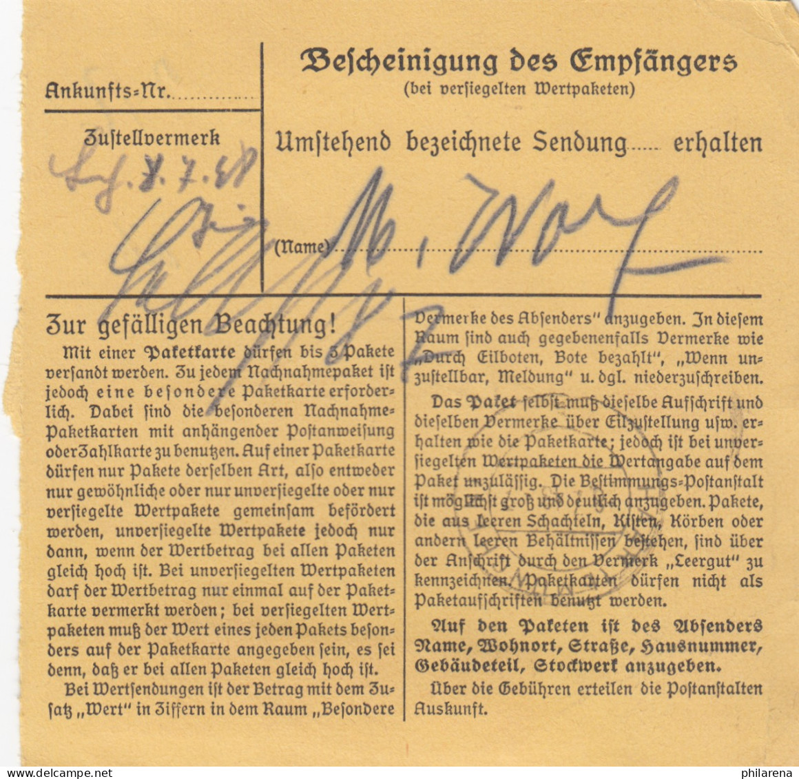 BiZone Paketkarte 1948: Landshut Schligenthal Nach Haar Bei München - Cartas & Documentos